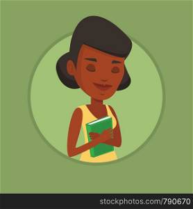 Peaceful african-american student with eyes closed holding a book. Young smiling student hugging her book. Concept of education. Vector flat design illustration in the circle isolated on background.. Student hugging her book vector illustration.