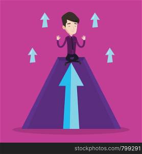 Peaceful businessman doing yoga and meditating in lotus pose on a mountain. Businessman thinking about the growth graph. Man sitting on arrow going up. Vector flat design illustration. Square layout.. Peaceful businessman doing yoga.