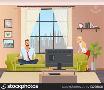 Peaceful Calm Man Doing Home Yoga in Living Room. Father Sitting on Couch in Lotus Position. Shocked Woman Character Staring. Husband and Wife at Home. Flat Cartoon Vector Illustration. Peaceful Calm Man Doing Home Yoga in Living Room