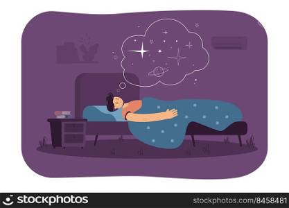 Peaceful man sleeping in bedroom, resting in bed, dreaming space. Vector illustration for healthy sleep, healthcare, comfortable pillow and mattress concept