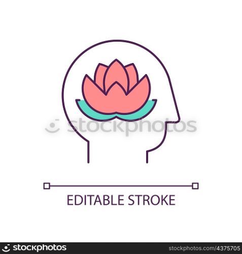 Peaceful mind state RGB color icon. Keep thoughts and brain clear. Mental health practice. Isolated vector illustration. Simple filled line drawing. Editable stroke. Arial font used. Peaceful mind state RGB color icon