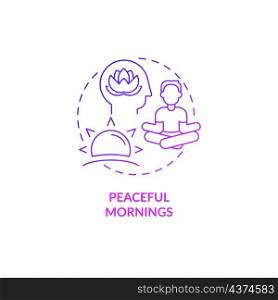 Peaceful morning purple gradient concept icon. Daily rituals for mind balance abstract idea thin line illustration. Isolated outline drawing. Roboto-Medium, Myriad Pro-Bold fonts used. Peaceful morning purple gradient concept icon