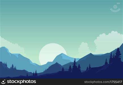 Peaceful Mountain Panorama Landscape in Monochromatic Flat Illustration