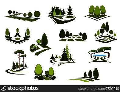Peaceful nature landscapes icons with green walking alleys, decorative trees and bushes, beautiful lake and grass lawns of city public parks, gardens or forests