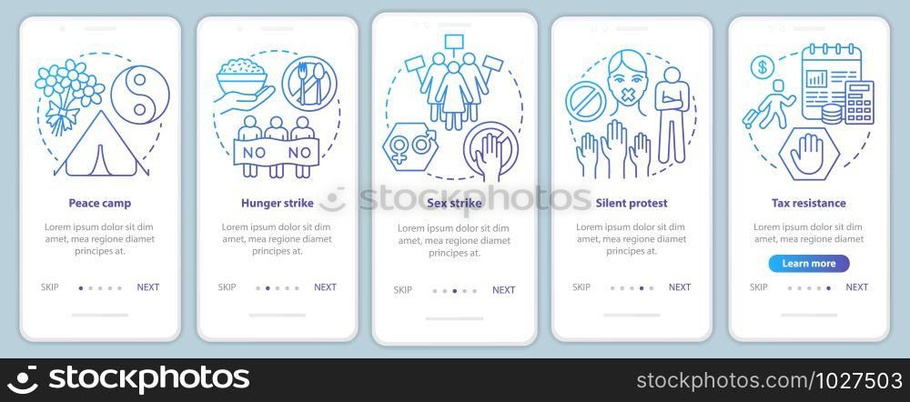 Peaceful protest onboarding mobile app page screen vector template. Nonviolent public demonstration walkthrough website steps with linear illustrations. UX, UI, GUI smartphone interface concept