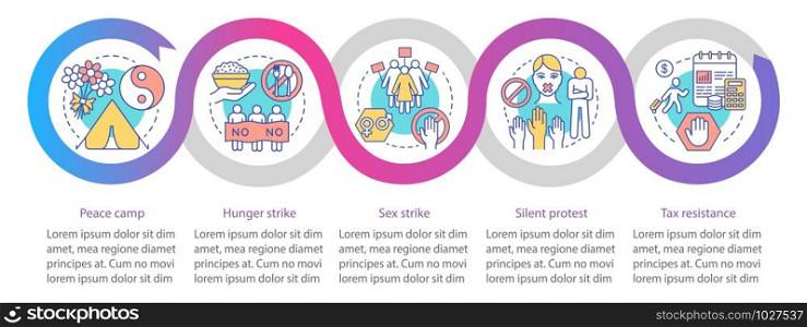 Peaceful protest vector infographic template. Business presentation design elements. Data visualization with five steps and options. Process timeline chart. Workflow layout with linear icons