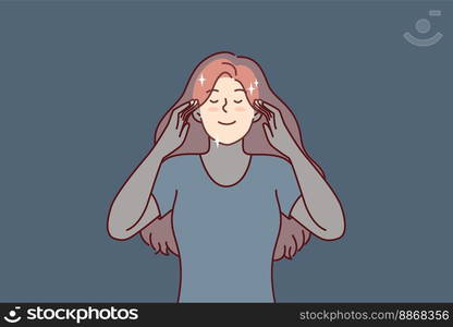 Peaceful woman touches temples with eyes closed, dreams of happy future or meditates to get rid of bad thoughts. Girl with long hair glows with positive emotions and good mood. Flat vector image . Peaceful woman touches temples with eyes closed, dreams of happy future or meditates. Vector image