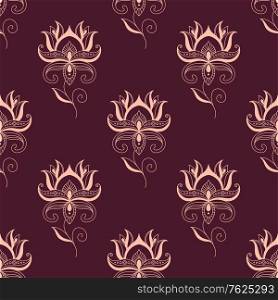 Peach colored Paisley seamless floral pattern in Persian style for wallpaper, tiles and fabric design isolated over light maroon color background. Paisley seamless floral pattern