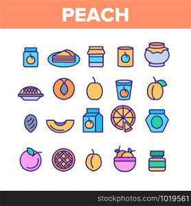 Peach Fruit Collection Elements Icons Set Vector Thin Line. Jam Bottle And Pie, Juice And Piece Of Peach, Nectarine Pin And Dessert Concept Linear Pictograms. Color Contour Illustrations. Peach Fruit Color Elements Icons Set Vector