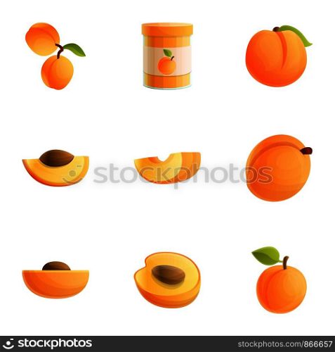 Peach icon set. Cartoon set of 9 peach vector icons for web design isolated on white background. Peach icon set, cartoon style