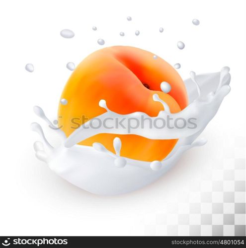 Peach in a milk splash on a transparent background. Vector.