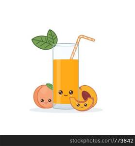 peach juice. Cute kawai smiling cartoon juice with slices in a glass with juice straw.