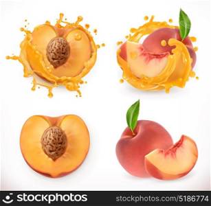 Peach juice. Fresh fruit, 3d vector icon