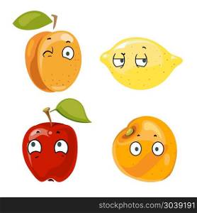 Peach, lemon, apple and orange faces. Peach lemon apple and orange faces. Happy characters, vector illustration