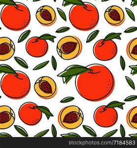 Peach seamless pattern. Hand drawn fresh exotic fruit. Vector sketch background. Color doodle wallpaper