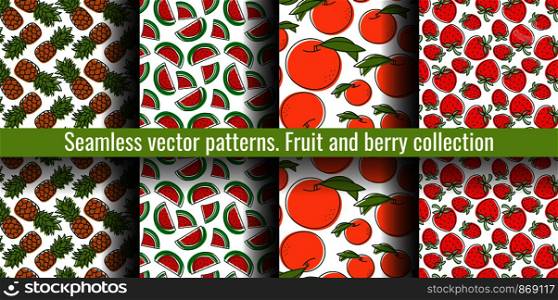 Peach, watermelon, pineapple, strawberry. Seamless pattern set. Juicy fruit and berry collection. Hand drawn color vector sketch background. Colorful doodle wallpaper. Summer print
