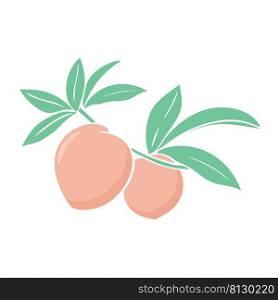 Peaches on branch with leaves isolated vector illustration. Summer trippy exotic fruits clipart. Nectarines healthy organic food hand drawn. Peaches on branch with leaves isolated vector illustration