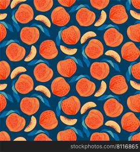 Peaches seamless pattern design. Vector tropical juicy fruit on a blue background