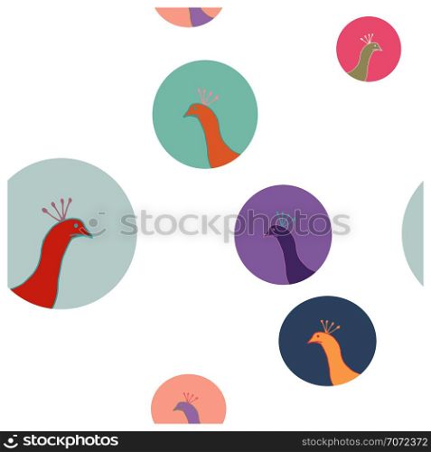Peacock cute hand drawn seamless vector pattern. Peacocks in circles sketch textile, wrapping paper, background, wallpaper, pattern fills, web page background. Vector illustration.. Circles with peacock illustration endless pattern.