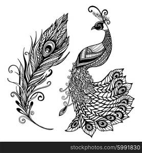 Peacock feather design black doodle print. Decorative stylized peacock bird feather art deco design template for wall frames doodle black abstract vector illustration