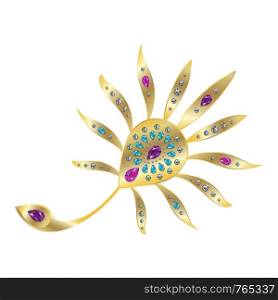 Peacock feather gold brooch with precious stones. Realistic Vector Illustration. Peacock feather gold brooch with precious stones