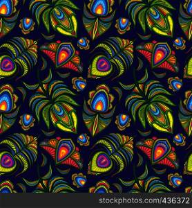 Peacock feather vector seamless pattern. Illustration backgorund with colored plumage fluffy. Peacock feather vector seamless pattern