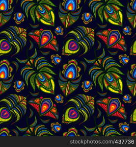 Peacock feather vector seamless pattern. Illustration backgorund with colored plumage fluffy. Peacock feather vector seamless pattern