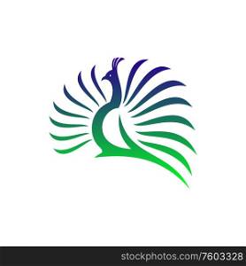 Peacock isolated peafowl logo. Vector green and blue bird with feathered tail. Peafowl logo isolated peacock bird
