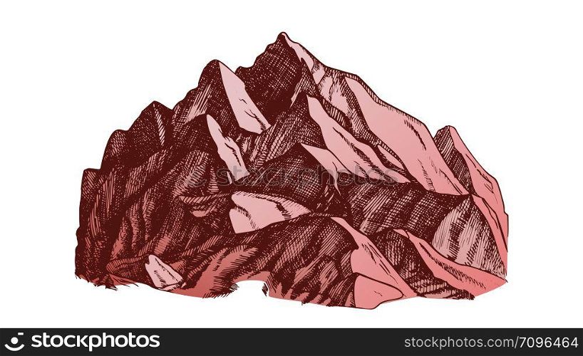 Peak Of Mountain Crag Landscape Hand Drawn Vector. High Altitude Mountain Place For Extreme Sport Alpinism, Skis Slalom Or Expedition Concept. Designed Layout Color Illustration. Color Peak Of Mountain Crag Landscape Hand Drawn Vector