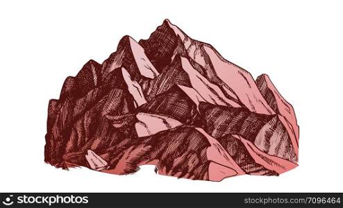 Peak Of Mountain Crag Landscape Hand Drawn Vector. High Altitude Mountain Place For Extreme Sport Alpinism, Skis Slalom Or Expedition Concept. Designed Layout Color Illustration. Color Peak Of Mountain Crag Landscape Hand Drawn Vector