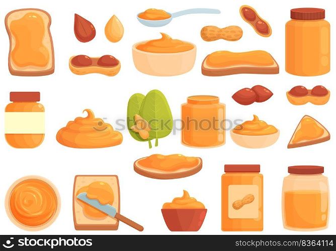 Peanut butter icons set cartoon vector. Nut allergy. Peanut butter. Peanut butter icons set cartoon vector. Nut allergy