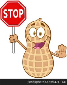 Peanut Cartoon Mascot Character Holding A Stop Sign