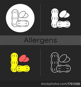 Peanut dark theme icon. Nut for nourishment. Nutrient diet, food ingredient. Common allergen, cause of allergy. Linear white, simple glyph and RGB color styles. Isolated vector illustrations. Peanut dark theme icon