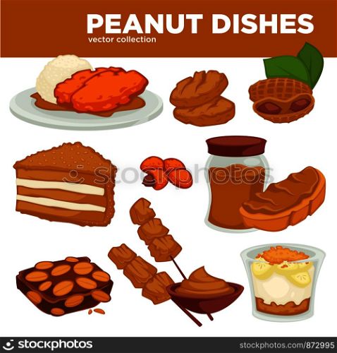 Peanut dishes of food or drinks and desserts. Vector icons of peanut butter, vegan cookie and pastry cakes and chocolate ingredients. Peanut nut dishes vector food, drink and dessert