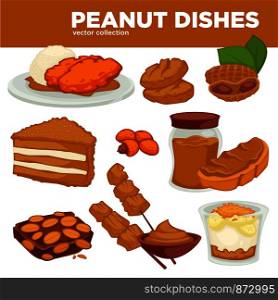 Peanut dishes of food or drinks and desserts. Vector icons of peanut butter, vegan cookie and pastry cakes and chocolate ingredients. Peanut nut dishes vector food, drink and dessert