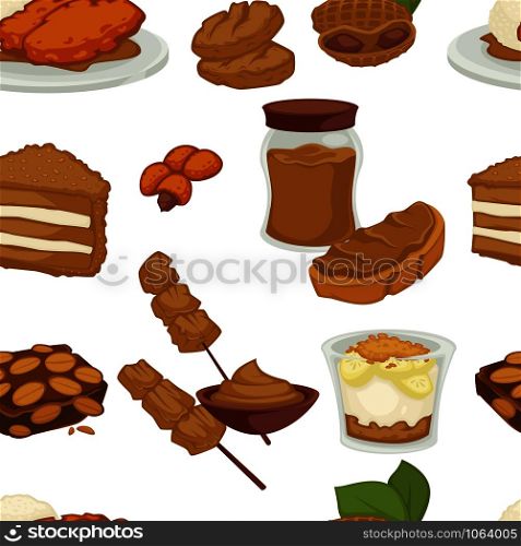 Peanut dishes of food or drinks and desserts seamless pattern. Vector icons of peanut butter, vegan cookie and pastry cakes and chocolate ingredients. Peanut dishes of food or drinks and desserts seamless pattern.