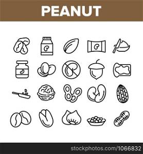 Peanut Food Collection Elements Icons Set Vector Thin Line. Peanut Oil And Butter, Acorn And Hazel, Coffee Beans And Cocoa, Walnut And Nut Concept Linear Pictograms. Monochrome Contour Illustrations. Peanut Food Collection Elements Icons Set Vector