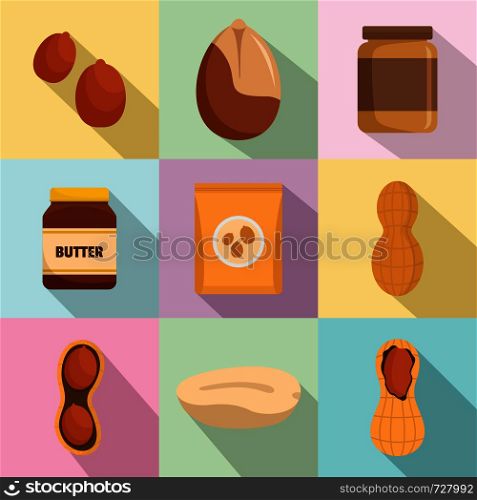 Peanut nuts butter jar icons set. Flat illustration of 9 peanut nuts butter jar vector icons for web. Peanut nuts butter jar icons set, flat style