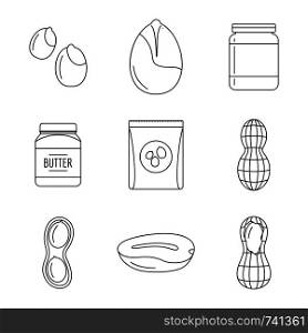 Peanut nuts butter jar icons set. Outline illustration of 9 peanut nuts butter jar vector icons for web. Peanut nuts butter jar icons set, outline style