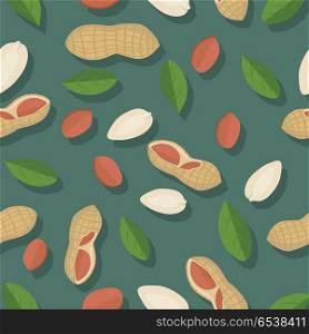 Peanut Seamless Pattern. Peanut seamless pattern. Ripe peanut kernels with leaves in flat. Peanut on a dark green background. Several peanut kernels. Healthy vegetarian food. Vector illustration