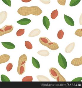 Peanut seamless pattern vector in flat design. Traditional snack. Healthy food. Nut ornament for wallpapers, polygraphy, textiles, web page design, surface textures. Isolated on white background.. Peanut Seamless Pattern Vector in Flat Design.. Peanut Seamless Pattern Vector in Flat Design.