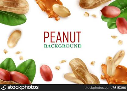 Peanut white background with frame of peeled nuts and nuts in shell realistic vector illustration