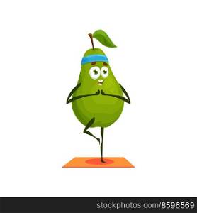 Pear cartoon character fitness yoga sport activity isolated summer fruit mascot. Vector fitness workout, smiling pear on yoga. Summer fruit hobby sport activity, healthy fruit active way of life. Cartoon pear in sport band happy cartoon character