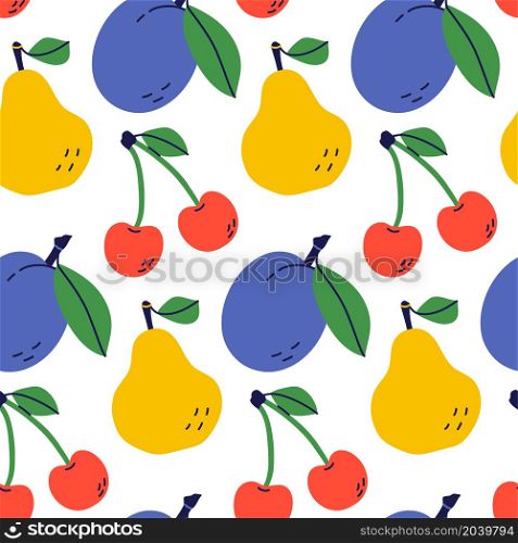 Pear, cherry and plum. Fruit seamless pattern. Color illustration in hand-drawn style. Vector repeat background.. Pear, cherry and plum. Fruit seamless pattern. Color illustration in hand-drawn style. Vector repeat background
