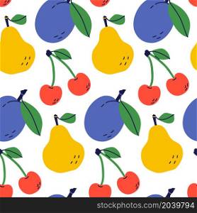 Pear, cherry and plum. Fruit seamless pattern. Color illustration in hand-drawn style. Vector repeat background.. Pear, cherry and plum. Fruit seamless pattern. Color illustration in hand-drawn style. Vector repeat background