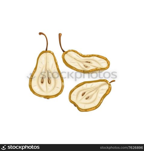Pear dried fruits, dry food snacks and fruit sweets, isolated vector icon. Dried pears in slices, sweet dessert, culinary and fruit drinks ingredient, natural organic dehydrated food. Pear dried fruits, dry food snack, fruit sweets