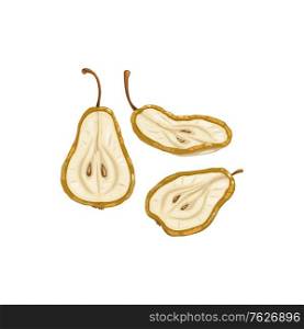 Pear dried fruits, dry food snacks and fruit sweets, isolated vector icon. Dried pears in slices, sweet dessert, culinary and fruit drinks ingredient, natural organic dehydrated food. Pear dried fruits, dry food snack, fruit sweets