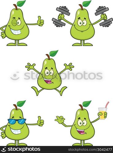 Pear Fruit With Green Leaf Cartoon Mascot Character Set 6. Vector Collection Isolated On White Background