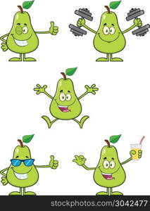 Pear Fruit With Green Leaf Cartoon Mascot Character Set 6. Vector Collection Isolated On White Background