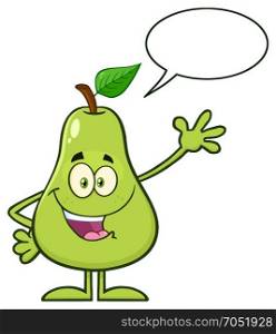 Pear Fruit With Green Leaf Cartoon Mascot Character Waving For Greeting. Illustration Isolated On White Background With Speech Bubble